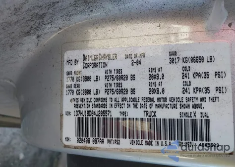 2004 Dodge Ram 1500 Slt/Laramie из США, поврежденный, VIN 1D7HU18D04J205571